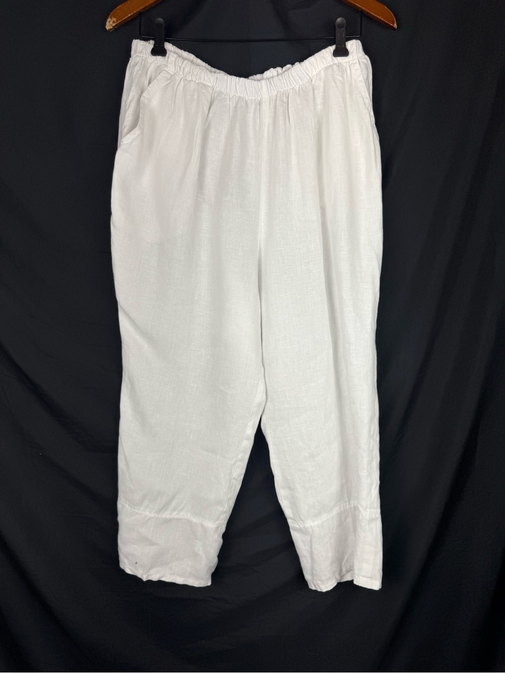 Match Point Size Medium Cropped Linen Pants White Wide-Leg Elastic Waist Pocket